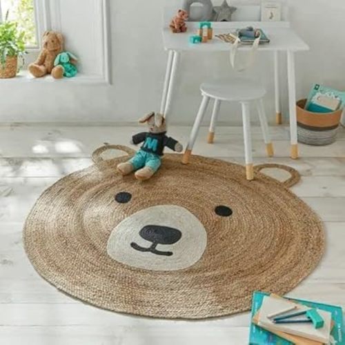 KLAVATE Living Room, Kitchen Hand Woven Carpet Braided Rug Decorative Jute Rugs for Farmhouse Modern Area Rugs Teddy Bear Pattern Braided Round Area Rugs for Kids Room (90 cm feet)