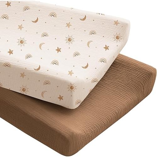 Konssy Muslin Changing Pad Cover for Baby Girls Boys, 100% Cotton Fitted Diaper Chang Table Covers, Soft Breathable Changing Pad Sheets, 2 Pack (Sunbeam Yellow,Coffice)
