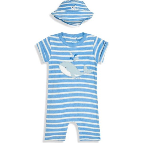 Whale Appliqué Stripe Terry Cloth Romper & Hat Set, 3-6M