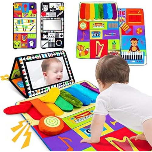 beetoy Tummy Time Baby Mirror Toys, Black and White High Contrast 0 3 6 Months Baby Infant Toy for Newborn Brain Development, Montessori Sensory Texture Piano Mirror Music Toys for Baby