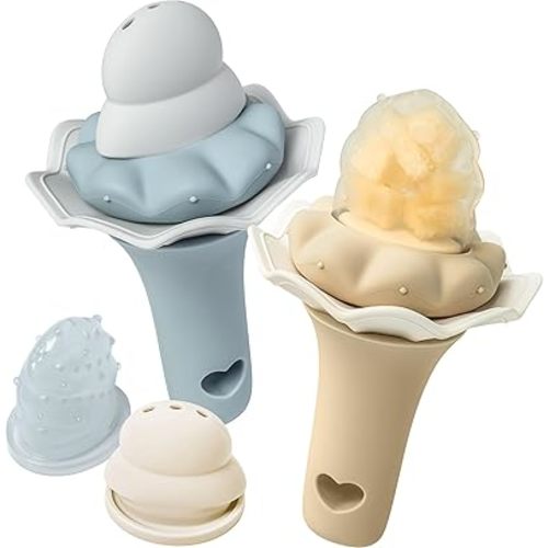Moonkie Baby Fruit Feeder| BPA Free Silicone Infant Food Feeder | Fun Rattle Sound Handle and Two Sizes Pouches| 4 Months+ Introduce New Foods, 2 Pack