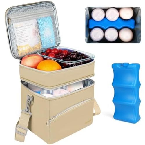 Breastmilk Cooler Bag with Ice Pack, Insulated Baby Bottle Tote Bags Fits 6 Bottles Up to 9 Ounce, Double Layer Breastmilk Travel Carrying Case for Nursing & Working Mom, Apricot