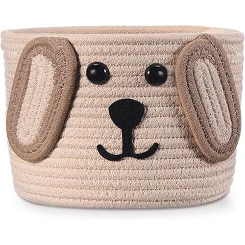 Zopeal Dog Woven Basket, 7.9" D x 6" H Toy Storage Organizer, Dog Mom Gift Empty, Cute Laundry Puppy Gift Animal Basket for Clothes, Towels, Toy, Laundry, Bathroom, Home(Khaki, Beige)
