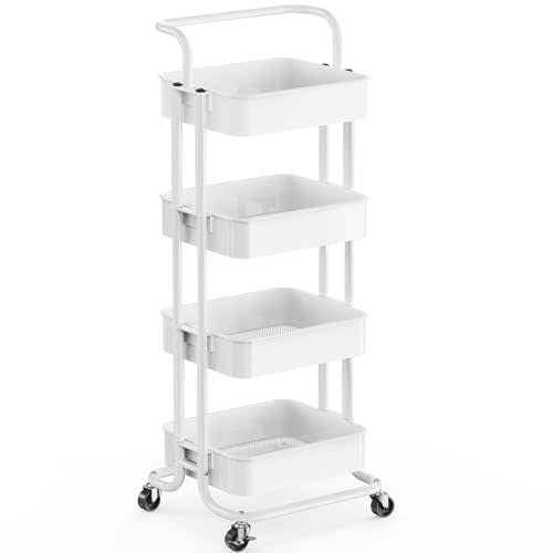 Pipishell 4 Tier Mesh Utility Cart, Rolling Metal Organization Cart with Handle and Lockable Wheels, Multifunctional Storage Shelves for Kitchen Living Room Office White, PIUC12W