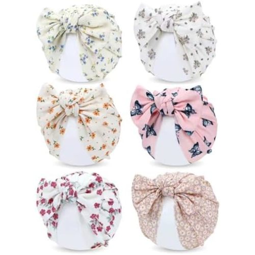 Cinaci 6 Pack Nursery Hospital Caps Bonnets Beanies Headwraps Turban Hats with Bow for Baby Girls Newborns Infants Toddlers