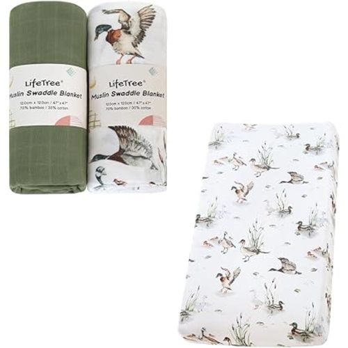 LifeTree Muslin Swaddle Blankets Neutral, 47 * 47 inches and Muslin Changing Pad Cover 16 * 32 inches, 70% Viscose from Bamboo and 30% Cotton, Mallard Duck and Olive Green