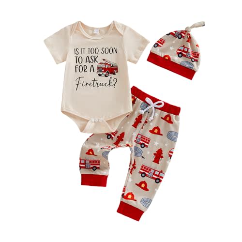 CREAIRY 3Pcs Newborn Baby Boy Clothes Is It Too Soon To Ask For A Fire Truck Short Sleeve Romper Pants Set Firefighter Outfit