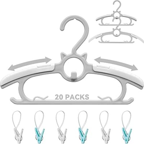 Baby Hangers for Closet 20pcs, 11-14.6" Extendable Kids Hanger Plastic, Non-Slip Toddler Pant Hangers for Infant Kid Child Newborn Clothes, Adjustable Children Coat Hanger for Girl and Boy (Grey)