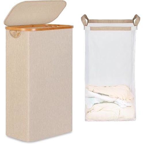 65L Slim Laundry Hamper, Narrow Laundry Basket with Lid,Foldable Clothes Hamper with Bamboo Handles,Hamper Basket with Removable Inner Bag for Laundry Room Bedroom College Dorm,Oatmeal
