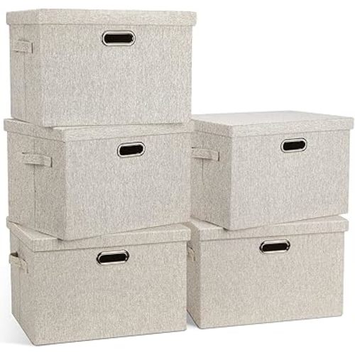 Large 17" 36 Quart Collapsible Stackable Storage Bins with Lids, 5 Packs Beige Linen Fabric Closet Boxes with Lids, Storage Cube Baskets Container Organizers for Bedroom Office(17 x12 x11)