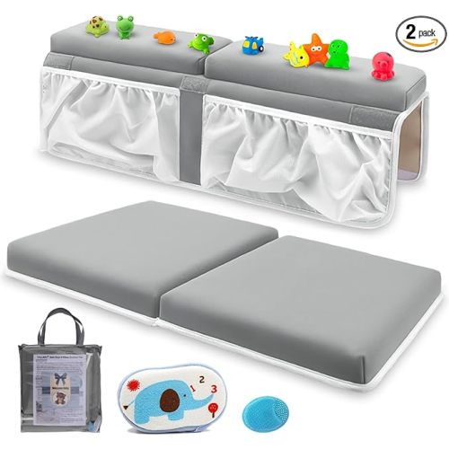 Bath Kneeler and Elbow Rest Pad Set for Baby Bathtub, Thick Non-Slip Bathing Kneeling Mat Cushion Quick Drying Bathtub Knee Saver with Arm Support and Pockets for Bathroom Bathing time Comfort, Gray - Grey