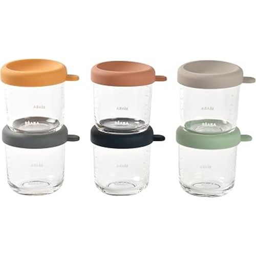 BEABA 6 Pack Glass Baby Food Jars with Soft Silicone Air Tight Lids, 8 oz Glass Storage Containers with Lids, Microwave and Freezer Safe Containers, Sunrise
