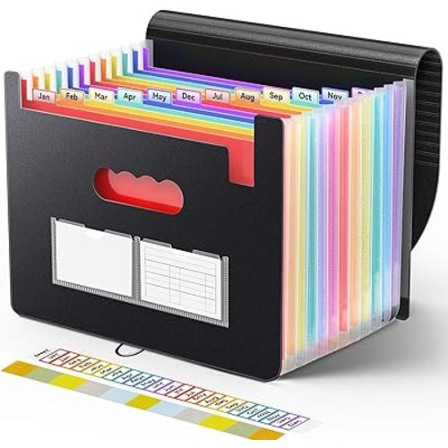 Sooez Accordion File Organizer, 13 Pockets Expanding File Folder, Portable Monthly Paper Bill Tax Receipt Organizer, Letter A4 Size Document Holder with Blank Labels, Black