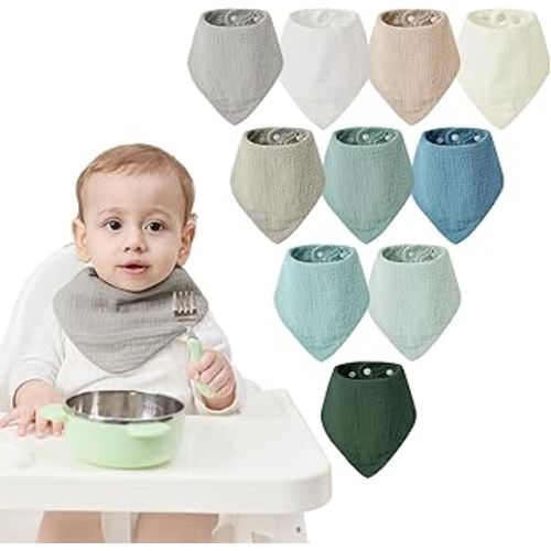 JELLYMONI 10 Pack Muslin Drool Bibs for Babies - Soft Adjustable Bandana Bib with Snaps, Absorbent Unisex Teething Bib for Newborn Girls & Boys