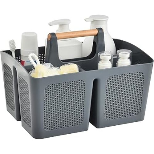 ALINK Portable Shower Caddy Basket with Compartments, Plastic Divided Cleaning Caddy Organizer Storage Tote with Handle for Bathroom, College, Dorm Room Essentials, Dark Gray