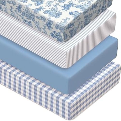 Peryiter 4 Pack Crib Sheets Blue Toile Soft Baby Bed Sheet Set 52'' x 28" Nursery Crib Sheets for Standard Bed Toddler Mattress Nursery Decor Boys Girls Kids Baby