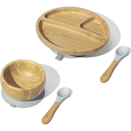 Avanchy Toddler Baby Feeding Suction Plate, Bowl, Spoons Set, Soft Tip Silicone Spoon Babies Set, Divided Bamboo Stay Put Plates, Fits Most Eating Highchairs, Gray