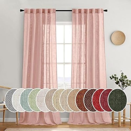 MIULEE Blush Pink Linen Curtains 90 Inch Long 2 Panels for Girls Bedroom Nursery, Soft Thick Linen Textured Window Drapes Semi Sheer Light Filtering Back Tab for Kids Living Room Light Pink Decor