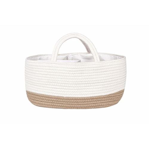 Mila Millie Baby Large Cotton Rope Diaper Caddy | Organizer Storage Bin for Nursery Essentials | Portable Bag for Changing Table and Car | 100% Natural Cotton | Eco Friendly (White & Biege)