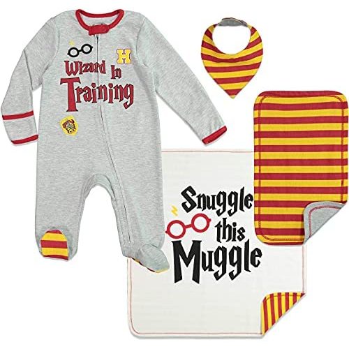 Harry Potter Baby Zip Up Sleep N' Play Coverall Bib Blanket and Burp Cloth 4 Piece Outfit Set Newborn