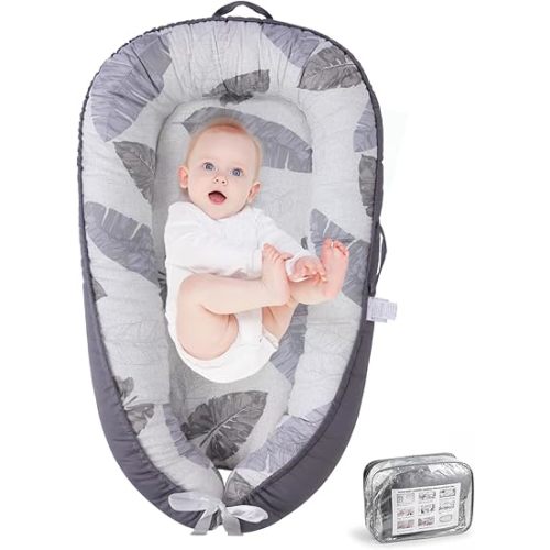 Baby Lounger, hovikoki Baby Lounger for Newborn, Infant Lounger with Baby Lounger Cover, Baby Nest Lounger for 0-24 Months, 100% Cotton Soft Breathable Baby Floor Seat for Home & Travel - Dark Grey