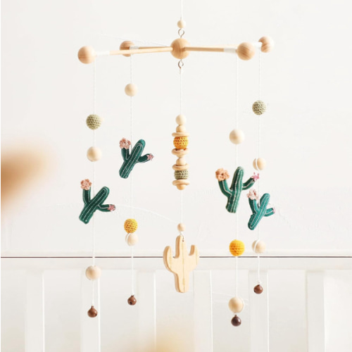 Baby Crib Mobile Cactus Nursery Mobiles Handmade Nordic Style Wooden Nursery Decoration Baby Photography Props Newborn Gift(Green Series)