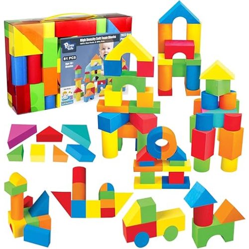 Foam Building Blocks for Toddlers 1-3, 81 Pieces Soft Stacking Blocks Toy Set, Baby Bath Foam Toys, Sensory and Montosorri Toys for Boys & Girls 18+ Months