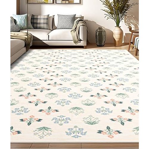 YIHOUSE Floral Beige Washable Area Rug 8'x10' - Large Colorful Living Room Rug Ultra-Thin Non-Slip for Bedroom, Nursery, Kids Room (Cream, 8x10ft)