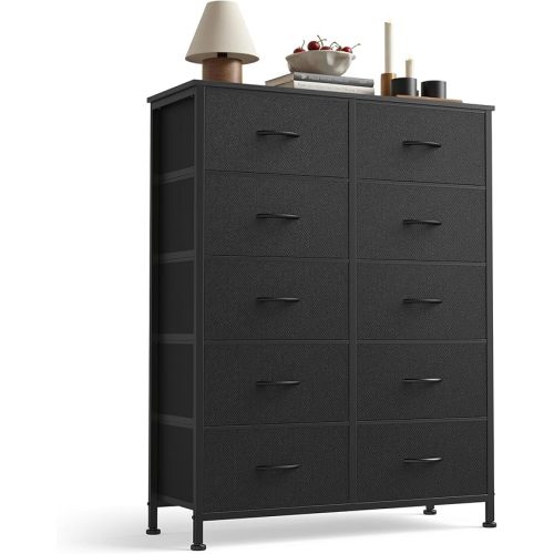 Sweetcrispy Black Dresser for Bedroom, 10 Drawer Tall Dresser, Fabric Storage Tower with Bins, Chest Organizer Unit for Bedroom Closet, Hallway, Steel Frame Wood Top, Easy Pull Handle