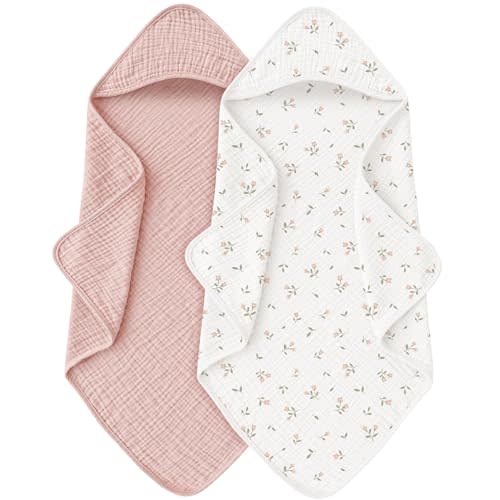 MairMore Muslin Baby Towels with Hood for Newborn 100% Cotton Baby Bath Towels Soft & Absorbent Hooded Baby Towel for Boys and Girls, Large Size - 32 * 32 Inches