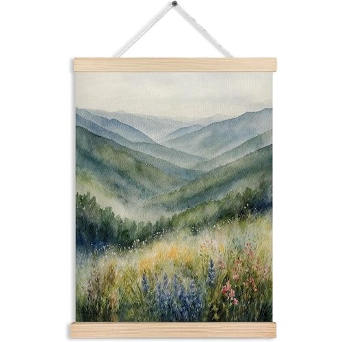 FITIE Mountains Wall Art, Mountain Wall Decor, Rustic Farmhouse Forest Wall Art Decor, Watercolor Blue Ridge Mountains Wildflower Nature Landscape Canvas Wall Art Poster Hanger Frame, 12x16 Inches