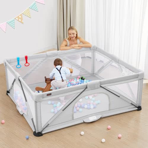 Foldable Baby Playpen, Yobear Playpen for Babies and Toddlers with 50 PCS Ocean Balls & 2 Handles, Indoor & Outdoor Kids Safety Play Pen Area, Portable Travel Play Yard (Grey, 71" × 59")