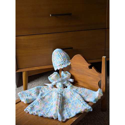 Handmade Rainbow Baby Set: Acrylic Cardigan, Beanie & Booties (NB-3 Months)