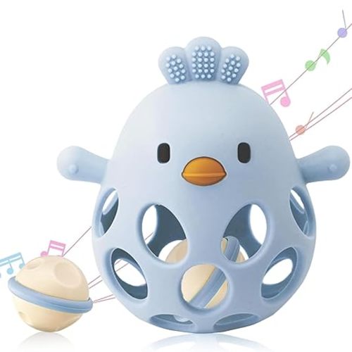 2-in-1 Baby Teething Rattle Toy, Sensory Grasping Teether for Infants 3-12 Months, 100% Food-Grade Silicone, Easy to Hold, Soothing & Developmental, BPA Free (Blue)