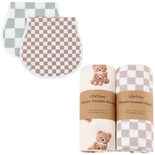 LifeTree Muslin Swaddle Blankets, Baby Burp Cloths for Boys Girls Neutral Newborn, Soft 70% Viscose from Bamboo and 30% Cotton Checkered