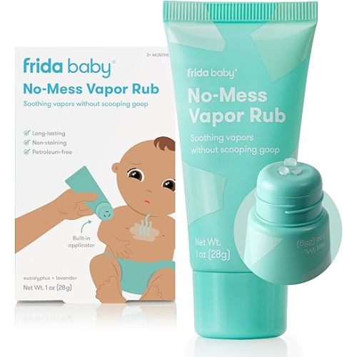 Frida Baby No-Mess Vapor Rub, Baby Vapor Rub for Chest, Neck, Back & Foot, Non-Staining Petroleum-Free Hands-Free Applicator Tube, Soothing Eucalyptus & Lavender for Sleep, Baby Stocking Stuffers