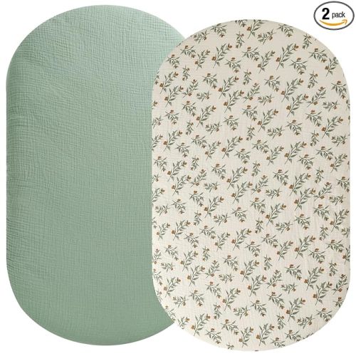 Muslin Bassinet Sheet Compatible with UPPAbaby Bassinet, 2 Pack Cotton Stylish Boho Fitted Bassinet Sheets Super Soft for Baby Roman Green & Botanical Leaf