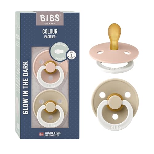 BIBS Pacifiers 0-6 Months | 2-Pack Soothers | Symmetrical Nipple | BPA-Free Natural Rubber | Made in Denmark | Blush Glow/Vanilla Glow Colour Pacifier | Natural Rubber | Size 1 | BPA-Free | Made in Denmark | Glow Handle | High Nipple Acceptance