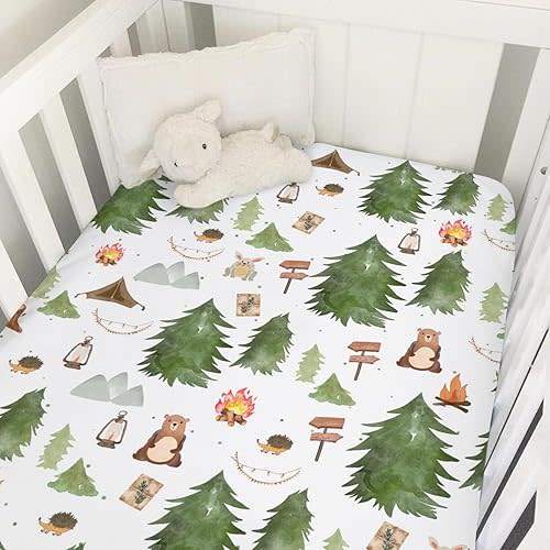 Woodland Animals Camping Baby Crib Sheet 52''x28'' Bear Hedgehog Rabbit Stretchy Fitted Crib Mattress Sheet for Boy Girl Wild Animals Adventure Soft Bed Sheets for Standard Crib Toddler Mattress
