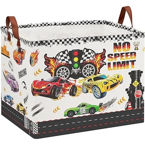 Car Themed Room Decor Basket, Kids Race Car Laundry Basket with No Limit Speed Sign,Monster Truck Storage Bins,Cute Toy Box for Boys(Racing Car-Champion Flag)