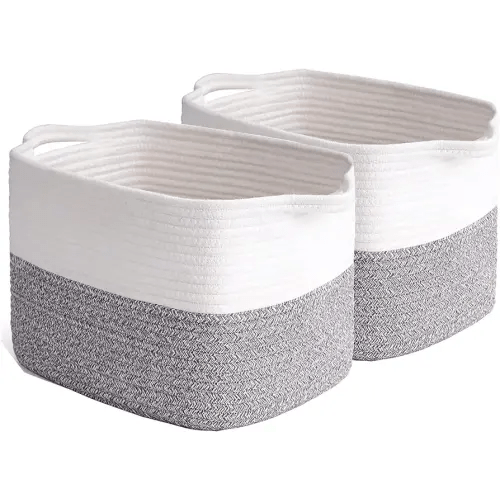 2 Pack Woven Rope Basket with Handles, 15''X10''X9'' Storage Bins Basket, Easter Basket for gifts, Basket for Living Room, Storage Organizer for Towels, Closets, Books, Toys, Grey/White.