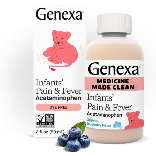 Amazon.com : Genexa Infants’ Clean Pain & Fever Acetaminophen, Dye Free, 0% Artificial Additives, Delicious Organic Blueberry Flavor, Liquid Oral Suspension Medicine for Baby, 160 mg per 5mL, 2 fl oz : Health & Household
