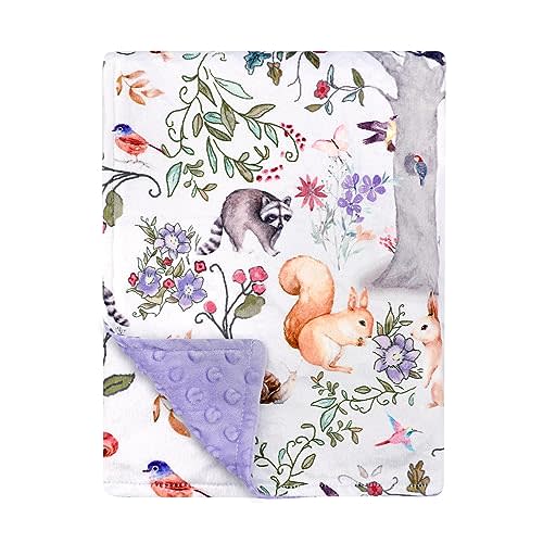 CARUILI Baby Blanket, Purple Fleece Baby Blankets for Boys Girls, Warm Soft Portable Toddler Minky Blanket with Woodland Animal Print, for Newborn Crib, Stroller, 40 x 30 Inch