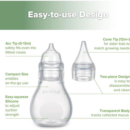 Haakaa Silicone Baby Nasal Aspirator | Nose Bulb Syringe | Easy-Squeezy Baby Nose Cleaner, 0m+ Newborn Infant &Toddler - BPA Free Silicone-2 Tips