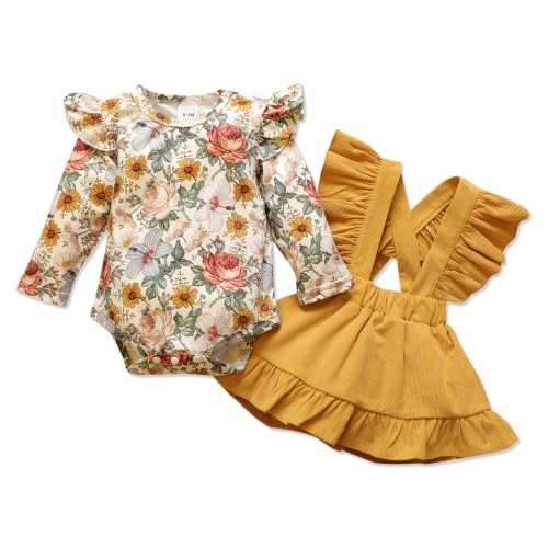 PatPat 2pcs Baby Girls Floral Ruffle Romper Set,Newborn Long Sleeve Bodysuit Romper with Suspender Swing Dress,Fall Clothes Infant Outfit Casual Overall Dress,0-12 Month