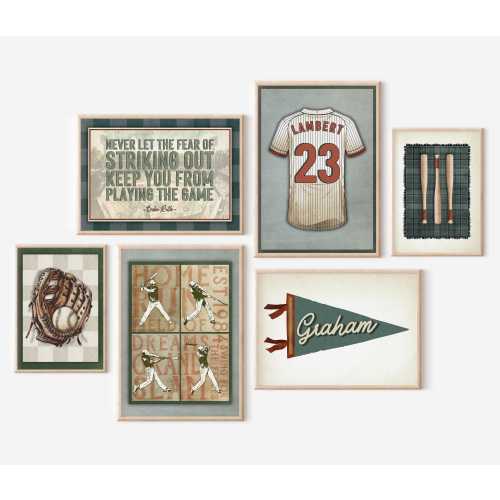 Baseball Art Boys Room Set of 6 Gallery Wall Baseball Quote Wall Art Custom Name Pennant Flag Printable Sports Nursery Boho Boys Room Decor
