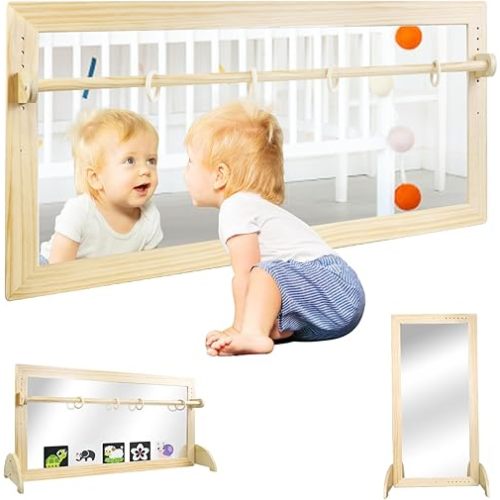Montessori Mirror with Bar, 3-Position Wood Baby Pull Up Bar, Floor & Wall Shatterproof Safety Infant Coordination Montessori Furniture, for Home, Daycare, or Preschool