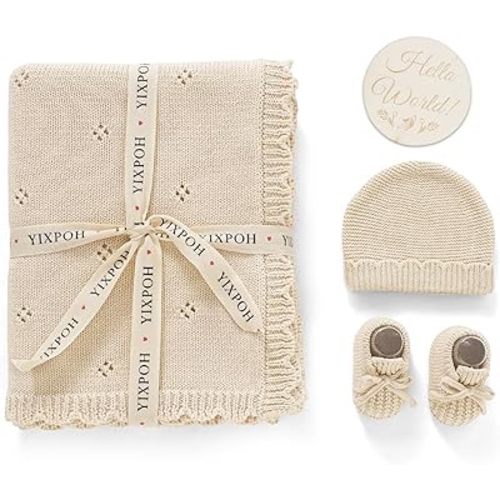 Organic Cotton Baby Blanket Knit Beanie Hat Booties Set Newborn Swaddle Receiving Blanket for Boy Girls with Wooden Hello World Sign