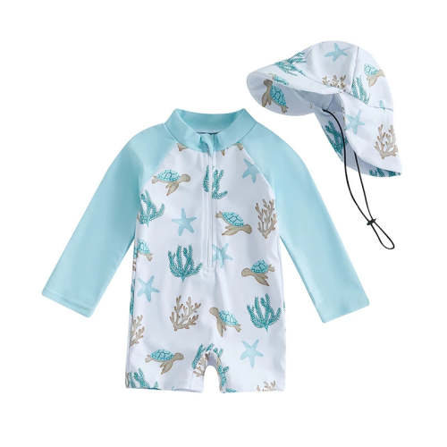 Sea Turtle & Starfish Rash Guard Sun Hat Set | Zip One-Piece Aqua (0-3T)