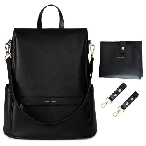 MIA + SOPHIA Leather Diaper Bag Backpack with USB Charging port, Changing Pad, Stroller Straps (Black Mia)